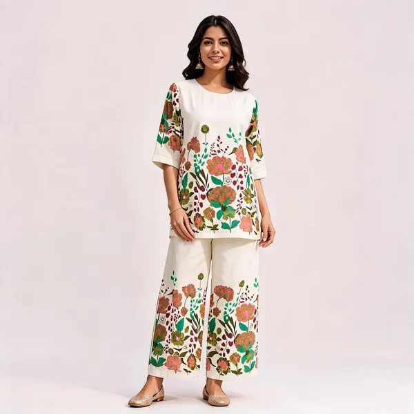 White_Khadi_Cotton_Floral_Print_Tunic_Palazzo_Co-Ord_Set_For_Women