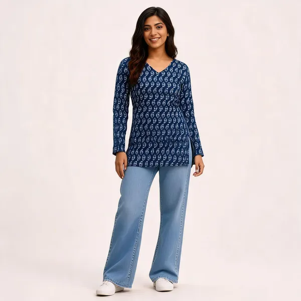 Indigo_Cotton_Printed_Short_Kurti_For_Women