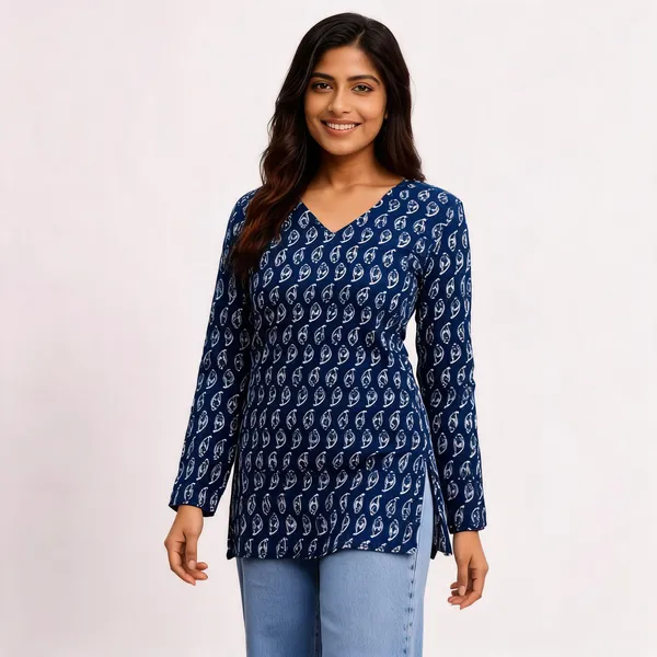 Indigo_Cotton_Printed_Short_Kurti_For_Women