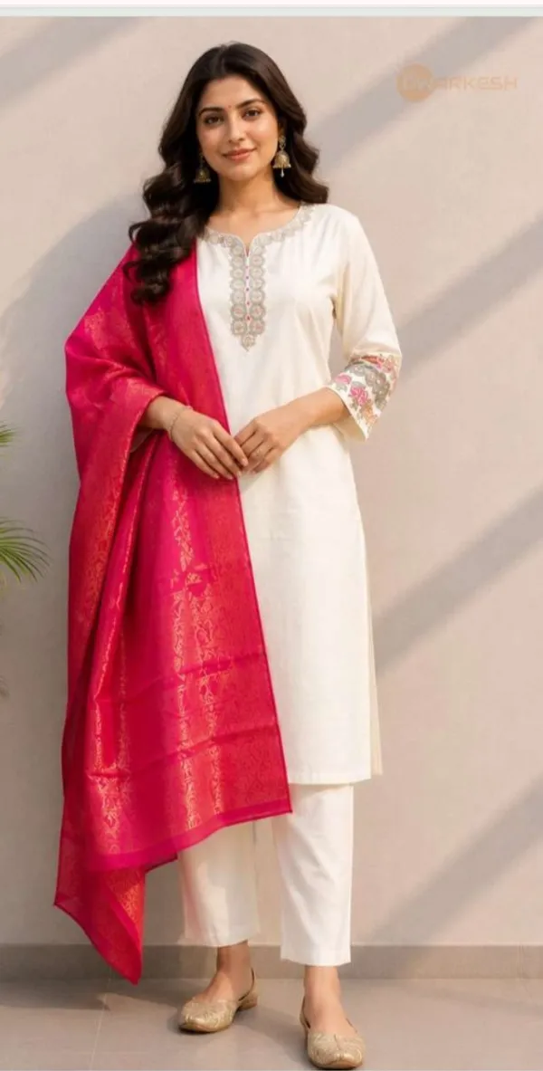 White_Rayon_Straight_Embroidered_3-Piece_Kurta_Set_With_Pink_Dupatta