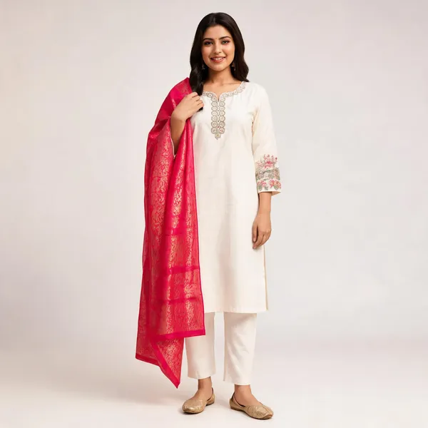 White_Rayon_Straight_Embroidered_3-Piece_Kurta_Set_With_Pink_Dupatta