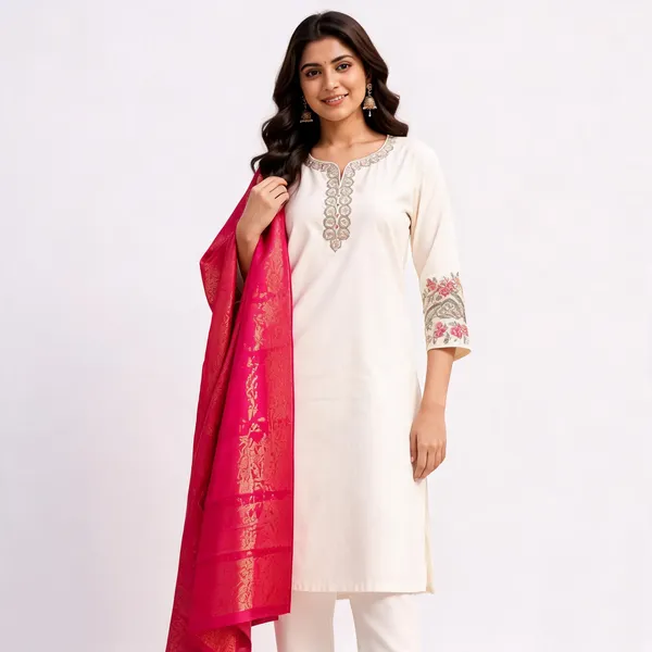 White_Rayon_Straight_Embroidered_3-Piece_Kurta_Set_With_Pink_Dupatta