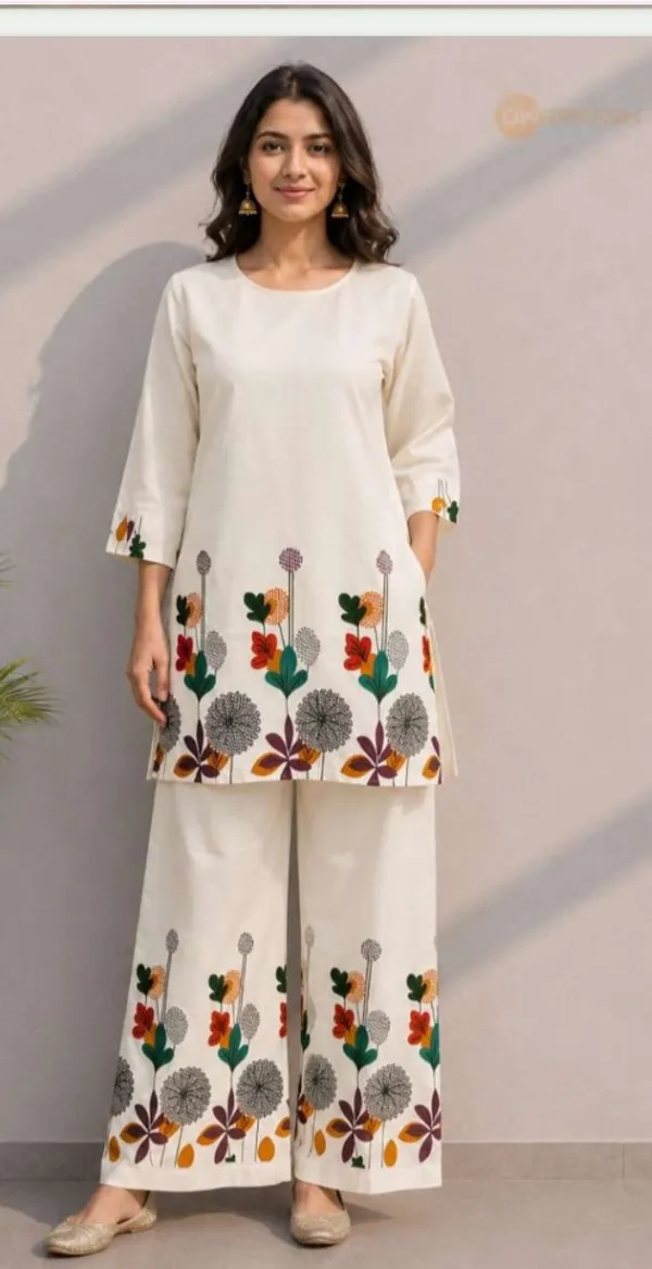 White_Khadi_Cotton_Straight_Floral_Print_Co-Ord_Palazzo_Set_For_Women