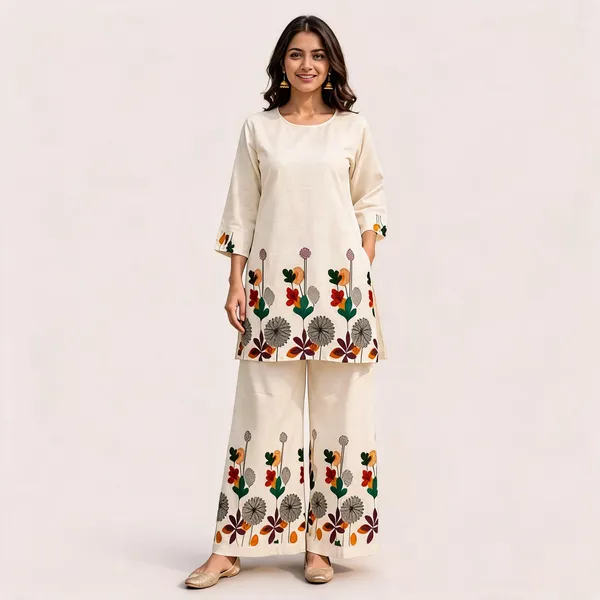White_Khadi_Cotton_Straight_Floral_Print_Co-Ord_Palazzo_Set_For_Women