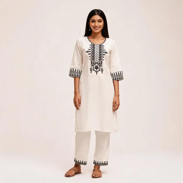 White_Rayon_Slub_Straight_Kurta_Pant_Set_For_Women