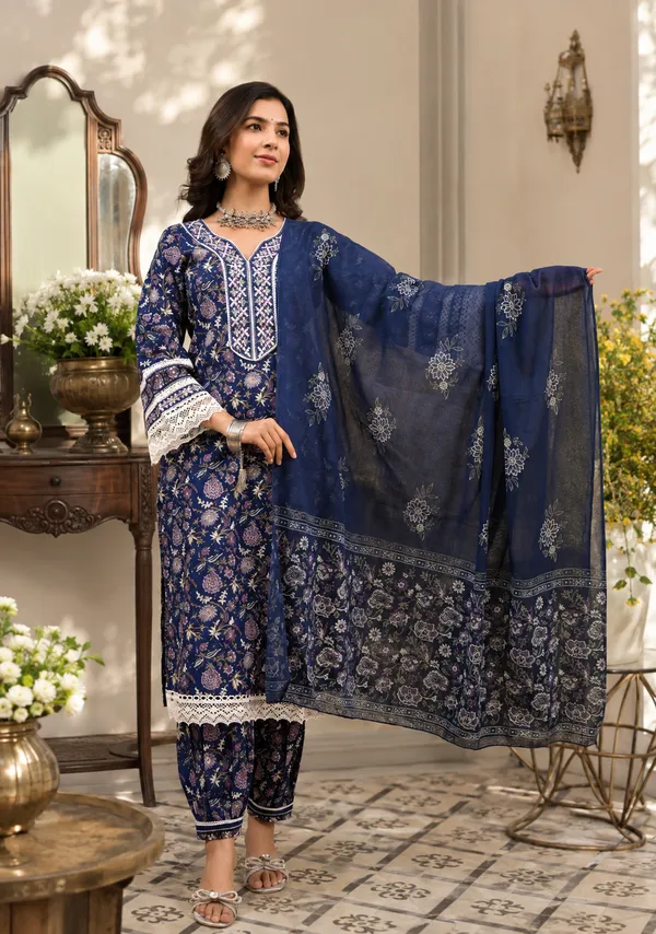 Blue_Cotton_Premium_Kurta,_Pathani_Pants_With_Dupatta_For_Women