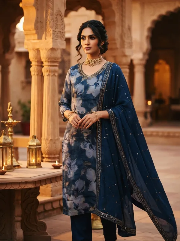 Blue_Floral_Chanderi_Silk_Kurta_|_Indian_Ethnic_Wear_Online