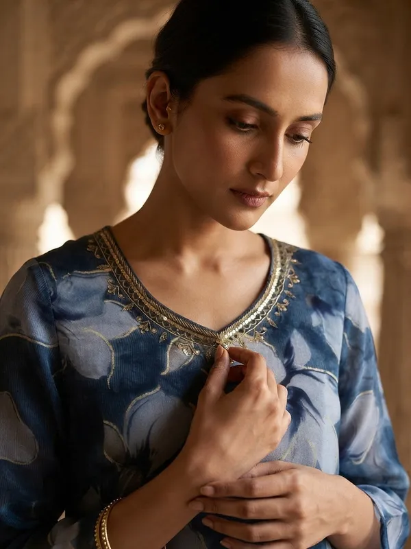 Blue_Floral_Chanderi_Silk_Kurta_|_Indian_Ethnic_Wear_Online