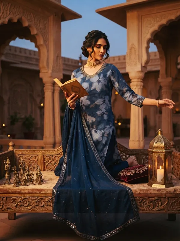Blue_Floral_Chanderi_Silk_Kurta_|_Indian_Ethnic_Wear_Online