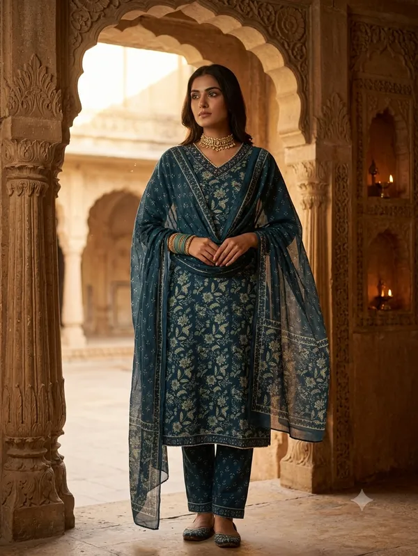 Teal_Cotton_Premium_Kurta_With_Dupatta_For_Women