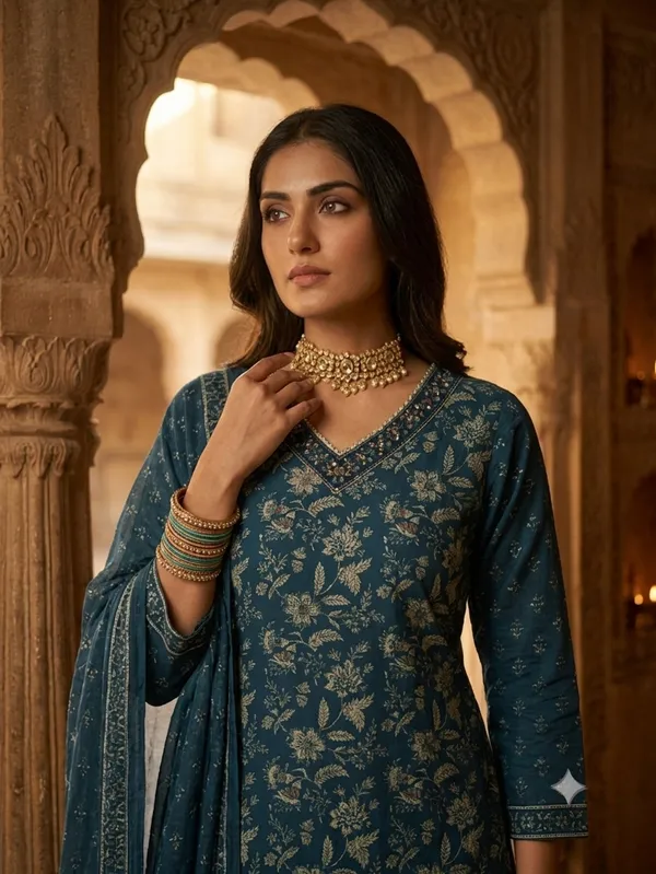 Teal_Cotton_Premium_Kurta_With_Dupatta_For_Women