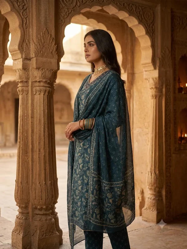 Teal_Cotton_Premium_Kurta_With_Dupatta_For_Women