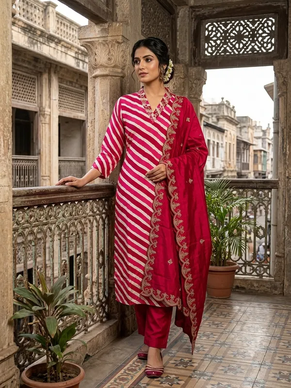 Red_Stripe_Women_Premium_Kurta,_Pant_&_Dupatta_