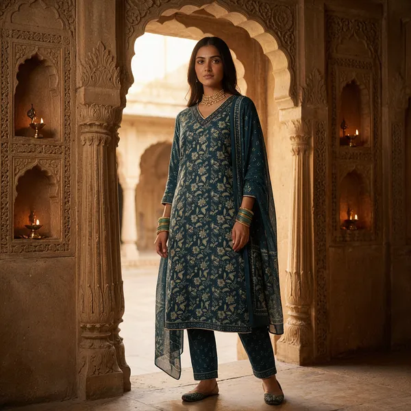 Teal_Cotton_Premium_Kurta_With_Dupatta_For_Women