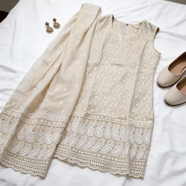 White_Cotton_Premium_Sleeveless_Kurti_With_Dupatta_For_Women