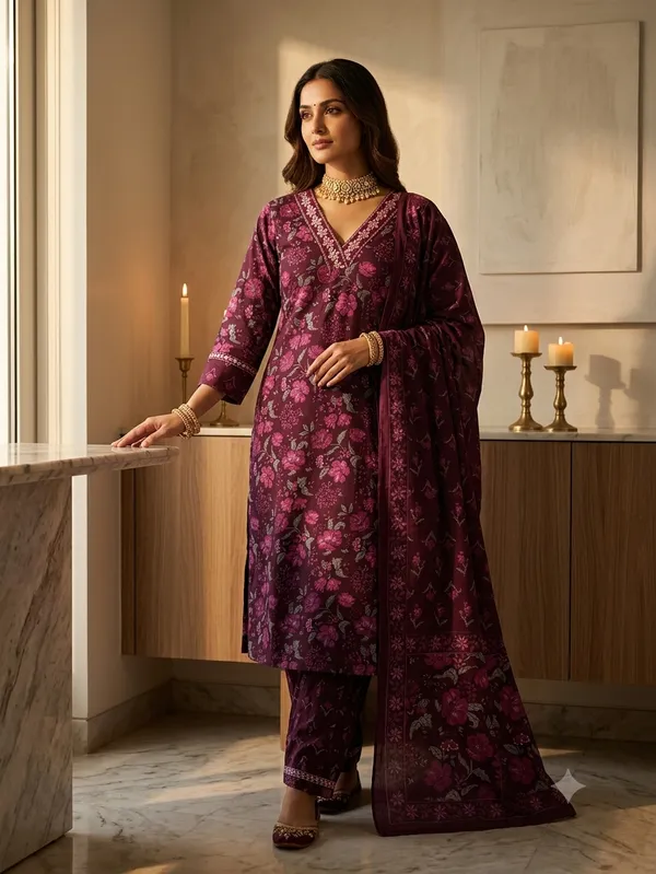 Wine_Cotton_Premium_Kurta_With_Dupatta_For_Women