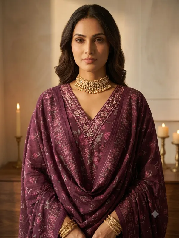 Wine_Cotton_Premium_Kurta_With_Dupatta_For_Women