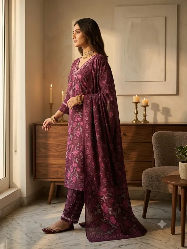 Wine_Cotton_Premium_Kurta_With_Dupatta_For_Women