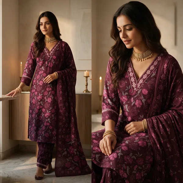 Wine_Cotton_Premium_Kurta_With_Dupatta_For_Women