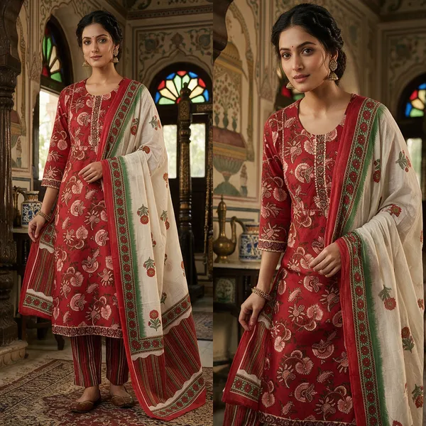 Red_Cotton_Premium_Kurta_With_Dupatta_For_Women
