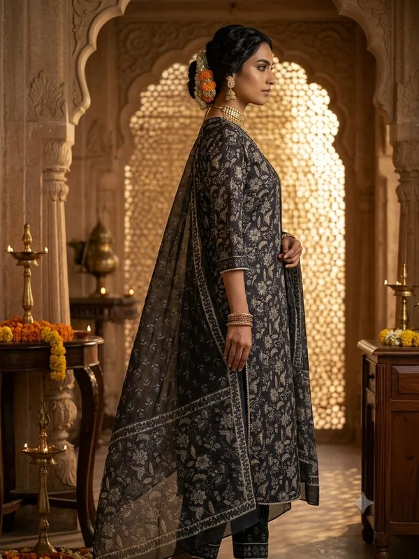 Black_Cotton_Premium_Kurta_With_Dupatta_For_Women