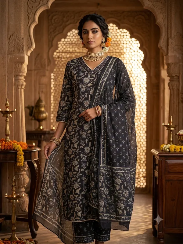 Black_Cotton_Premium_Kurta_With_Dupatta_For_Women