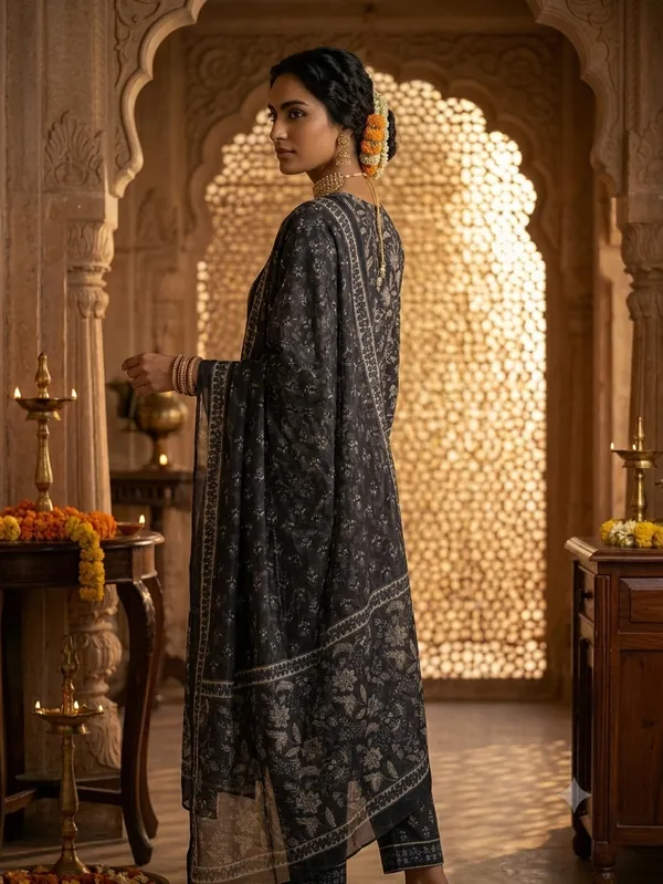 Black_Cotton_Premium_Kurta_With_Dupatta_For_Women