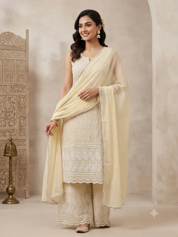 White_Cotton_Premium_Sleeveless_Kurti_With_Dupatta_For_Women