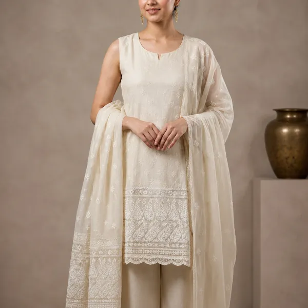 White_Cotton_Premium_Sleeveless_Kurti_With_Dupatta_For_Women