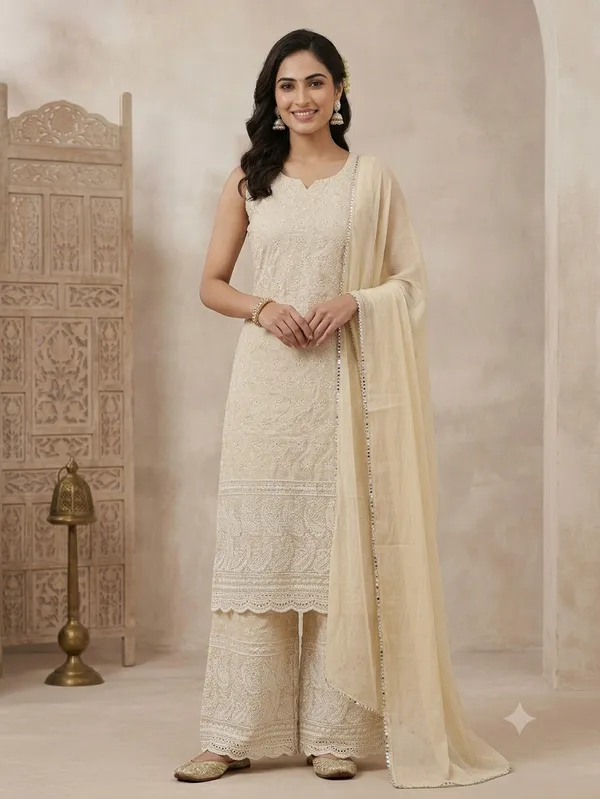 White_Cotton_Premium_Sleeveless_Kurti_With_Dupatta_For_Women