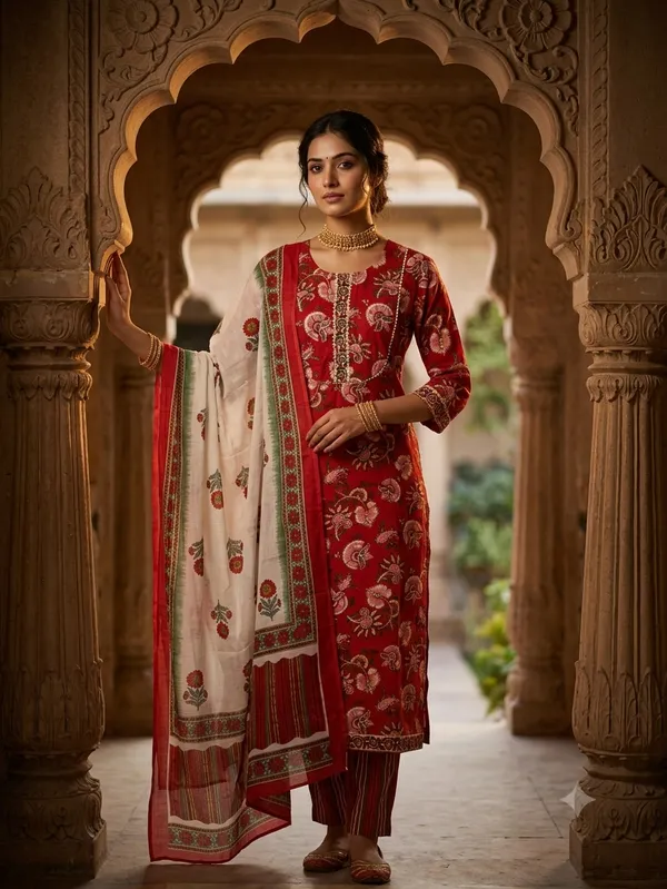 Red_Cotton_Premium_Kurta_With_Dupatta_For_Women