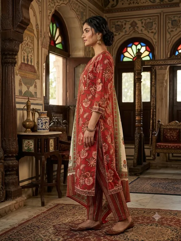 Red_Cotton_Premium_Kurta_With_Dupatta_For_Women