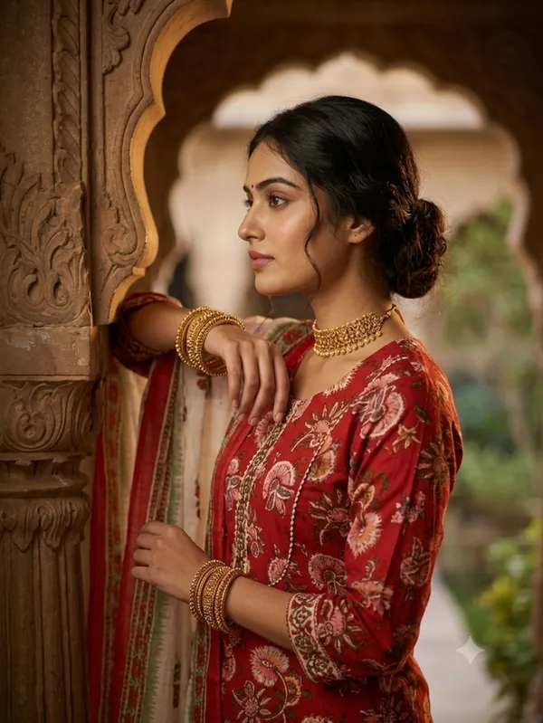Red_Cotton_Premium_Kurta_With_Dupatta_For_Women