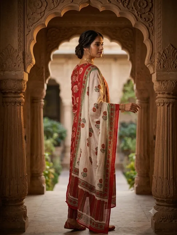 Red_Cotton_Premium_Kurta_With_Dupatta_For_Women