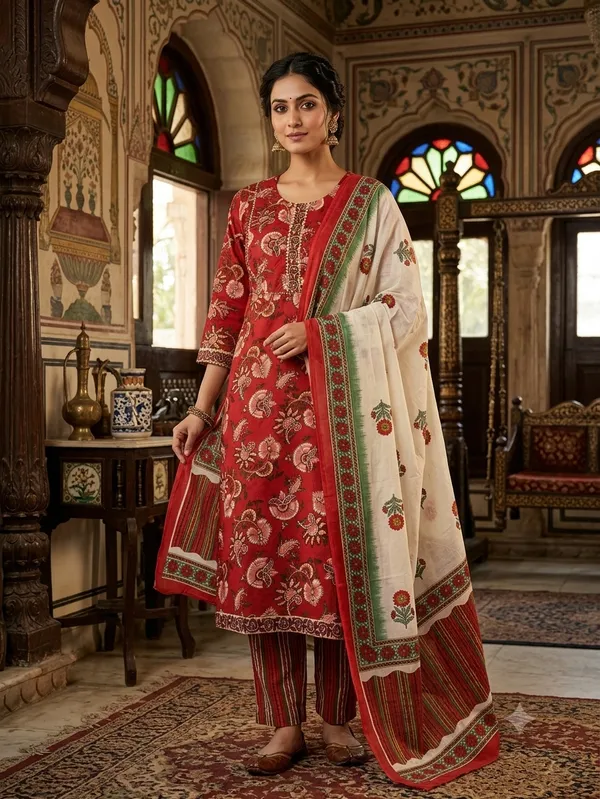 Red_Cotton_Premium_Kurta_With_Dupatta_For_Women
