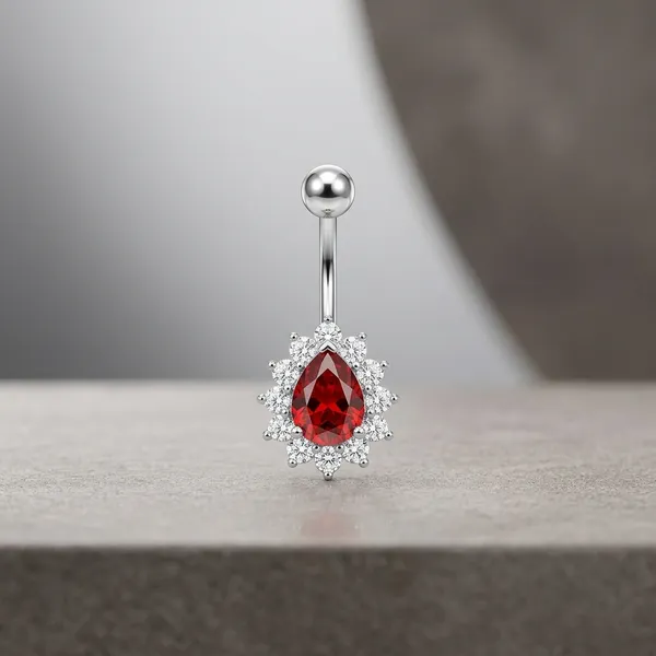Silver_&_Red_Stainless_Steel_Belly_Button_Ring_For_Women