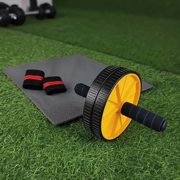 Elastic_Wrist_Wraps_And_Dual_Wheel_Ab_Roller_With_Knee_Mat_Set_Of_2