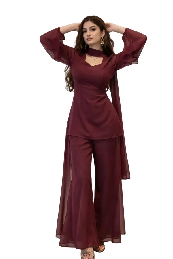 Maroon_Georgette_Fitted_Kurta_Palazzo_Set_For_Women