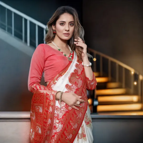 White_Silk_Traditional_Printed_Banarasi_Saree_For_Women