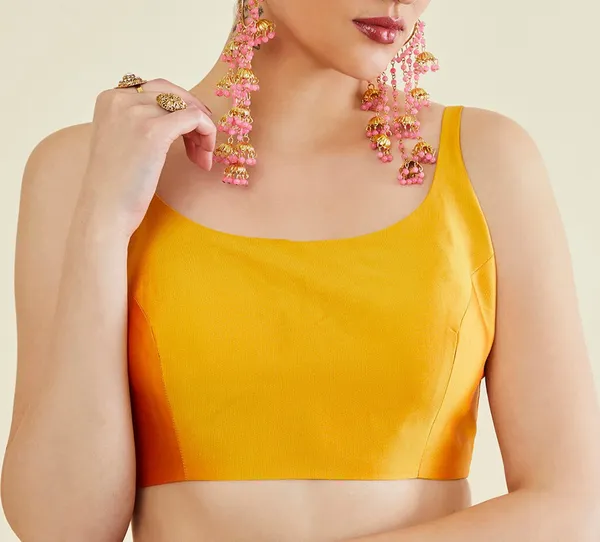 Yellow_Silk_Sleeveless_Scoop_Neck_Blouse_For_Women