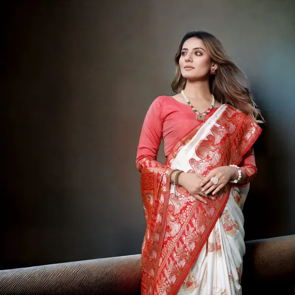 White_Silk_Traditional_Printed_Banarasi_Saree_For_Women