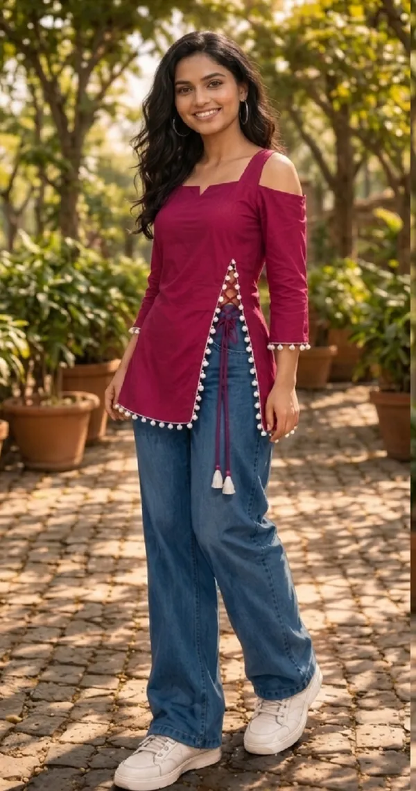 Red_Rayon_Cold_Shoulder_Side_Slit_Kurti_Tunic_For_Women