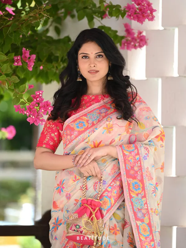White_Silk_Floral_Printed_Saree_For_Women