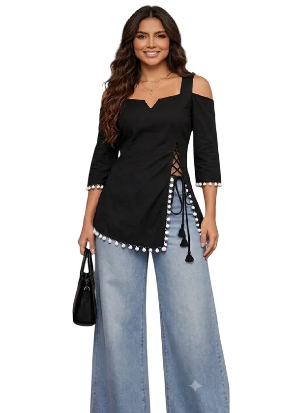 Black_Rayon_Cold_Shoulder_Asymmetric_Hem_Tunic_For_Women