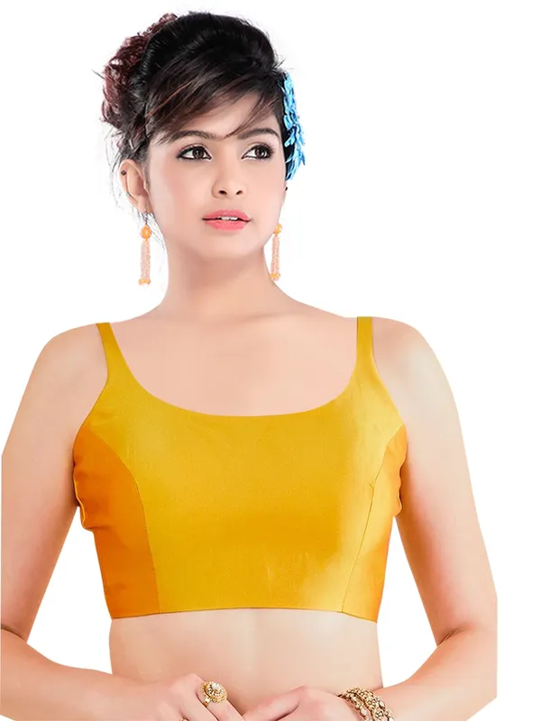 Yellow_Silk_Sleeveless_Scoop_Neck_Blouse_For_Women