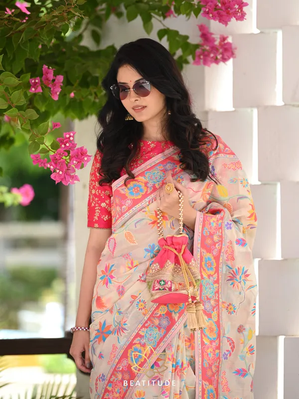 White_Silk_Floral_Printed_Saree_For_Women
