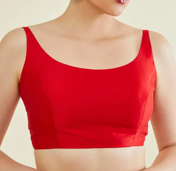 Red_Silk_Sleeveless_Fitted_Cropped_Blouse_For_Women