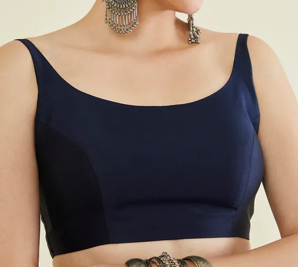 Navy_Blue_Silk_Sleeveless_Cropped_Blouse_For_Women