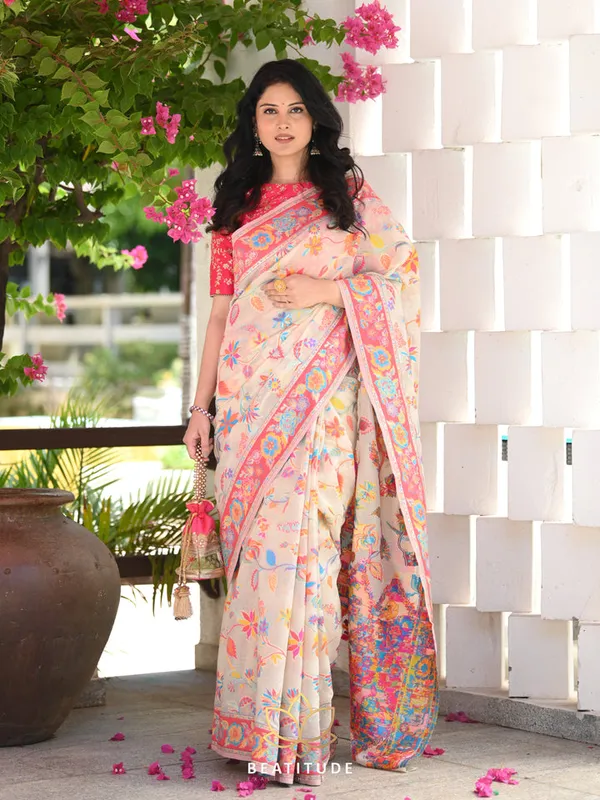 White_Silk_Floral_Printed_Saree_For_Women