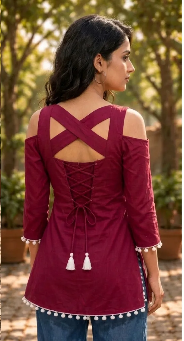 Red_Rayon_Cold_Shoulder_Side_Slit_Kurti_Tunic_For_Women